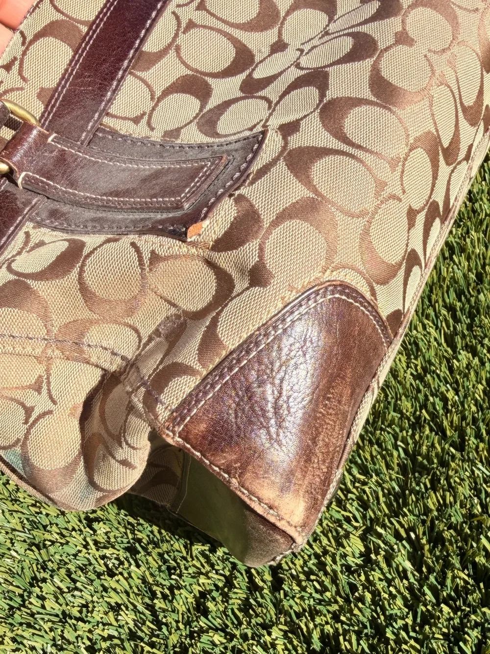 Vintage Coach Signature Canvas Shoulder Bag in Tan and Brown